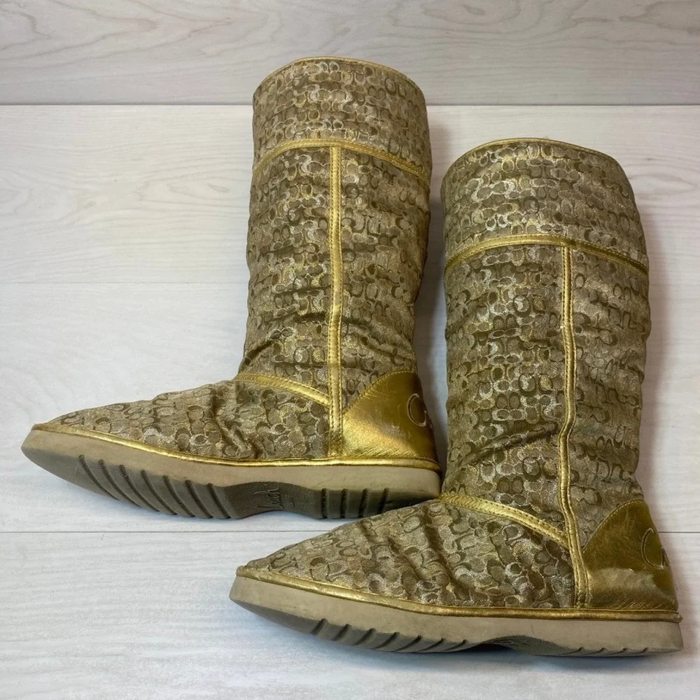 Coach Womens 9B Nikole Tall Winter Boots Signature C Monogram Gold Luxury